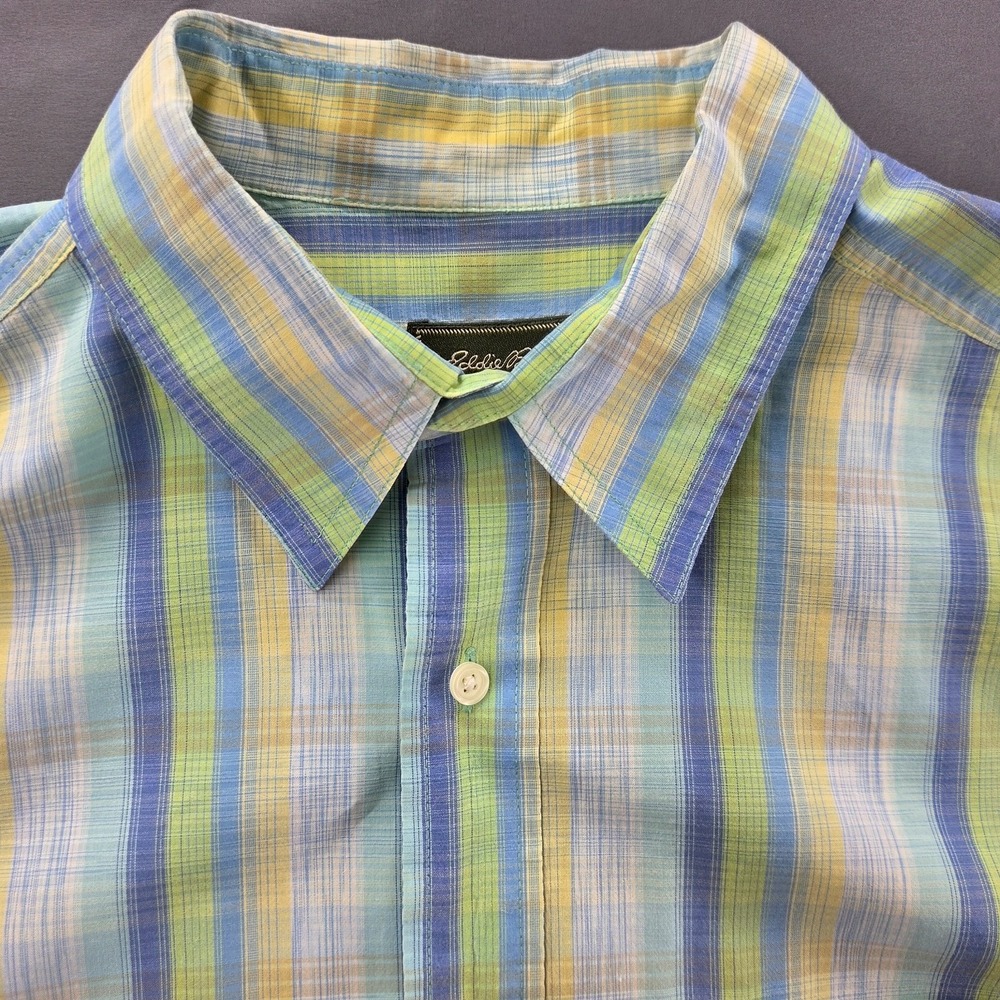 Eddie Bauer Mens Large Green Blue Plaid‎ Short Sleeve Button Down Shirt
